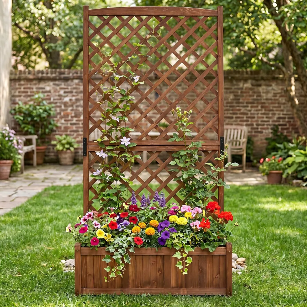 Blumenkasten Hochbeet aus Tannenholz Pflanzkasten mit Rankgitter für Kletterpflanzen