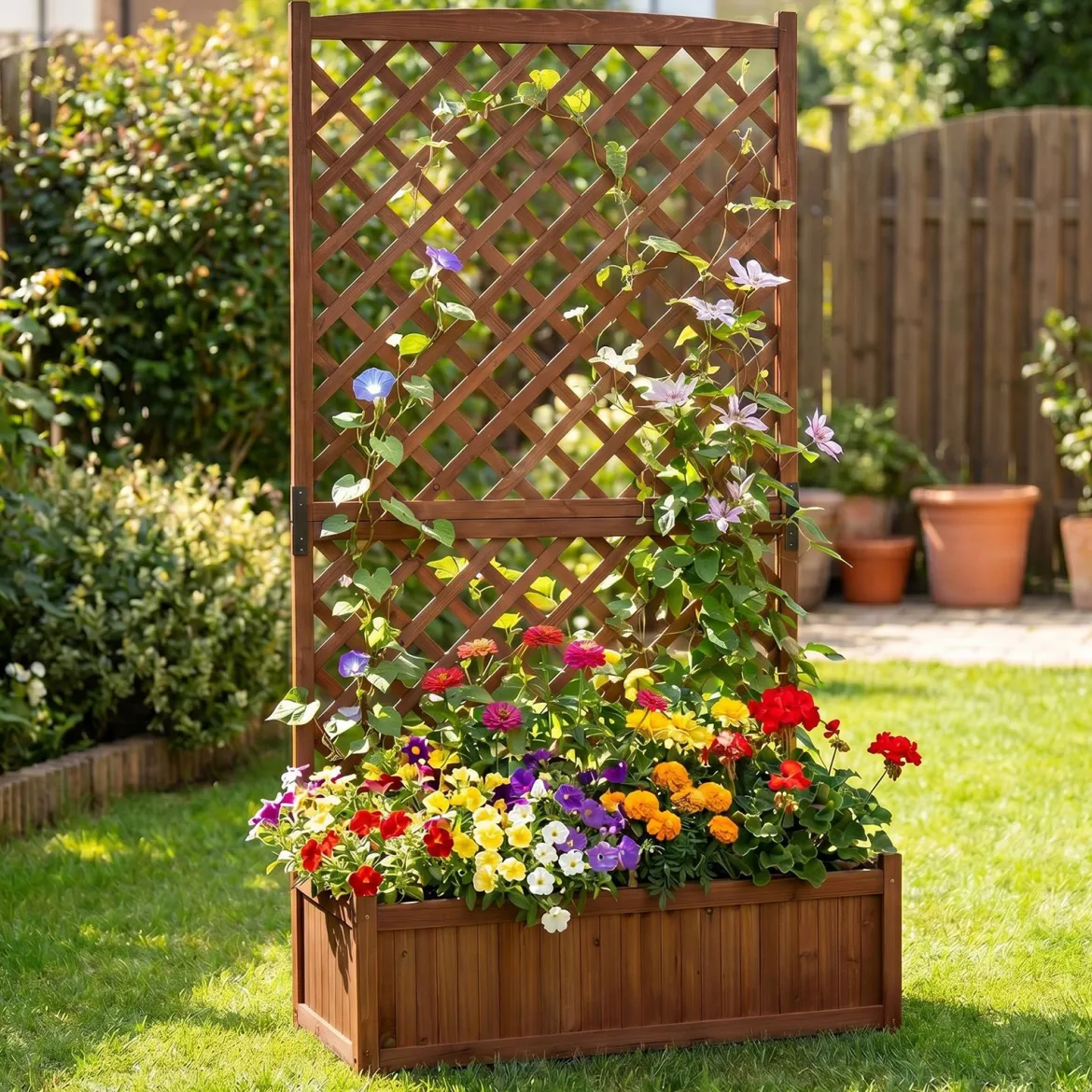 Blumenkasten Hochbeet aus Tannenholz Pflanzkasten mit Rankgitter für Kletterpflanzen