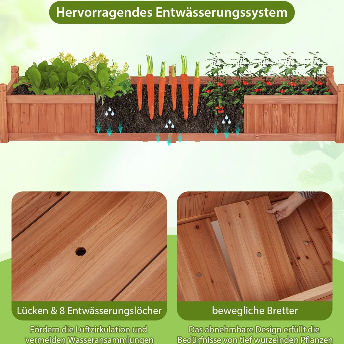 Blumenkasten Hochbeet Holz Pflanzkasten mit Trennwand Entwässerungslöchern & Vliesstofffolie Gartenbeet Pflanzbeet 227 x 59,5 x 40 cm Braun