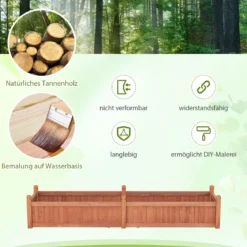 Blumenkasten Hochbeet Holz Pflanzkasten mit Trennwand Entwässerungslöchern & Vliesstofffolie Gartenbeet Pflanzbeet 227 x 59,5 x 40 cm Braun