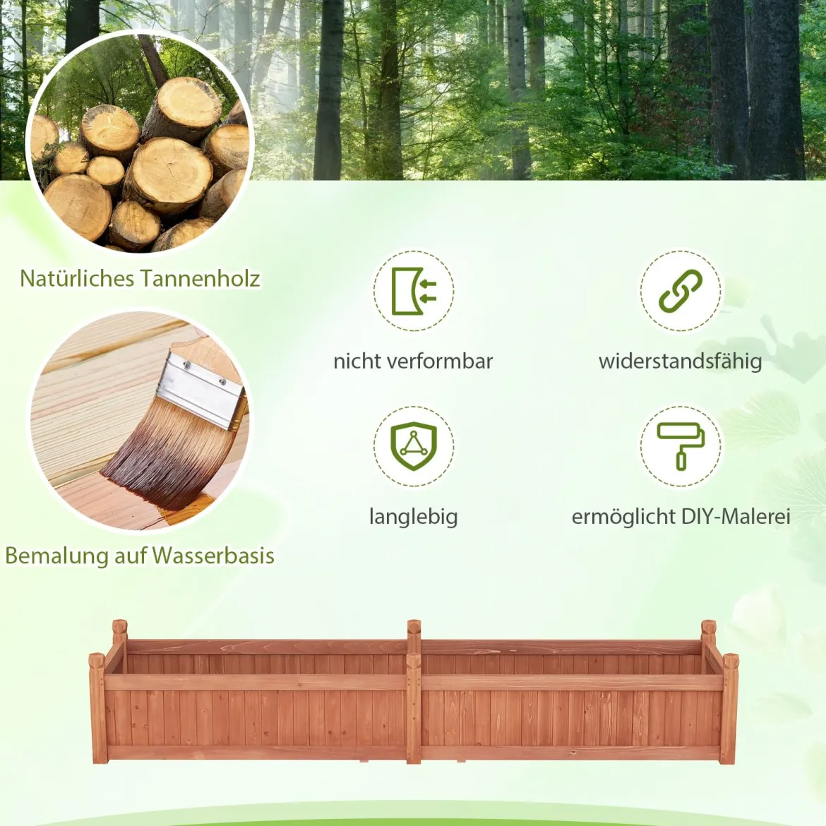 Blumenkasten Hochbeet Holz Pflanzkasten mit Trennwand Entwässerungslöchern & Vliesstofffolie Gartenbeet Pflanzbeet 227 x 59,5 x 40 cm Braun