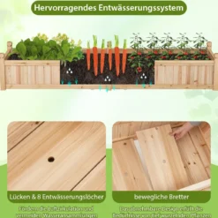 Blumenkasten Hochbeet Holz Pflanzkasten mit Trennwand Entwässerungslöchern & Vliesstofffolie Gartenbeet Pflanzbeet 227 x 59,5 x 40 cm Natur
