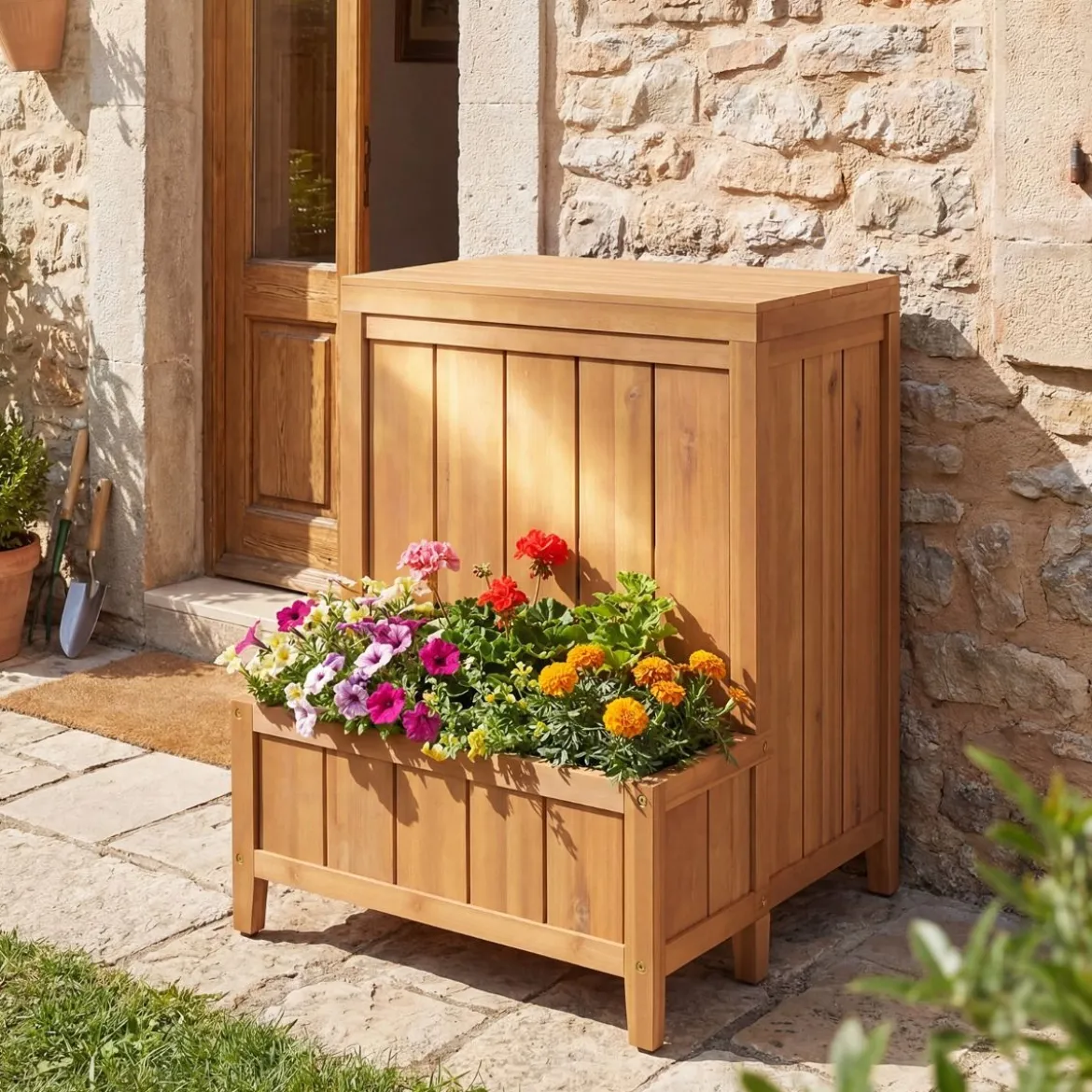 Blumenkasten mit Gartenbox & Deckel Auflagenbox mit Pflanzkübel aus Holz Paketbox Natur