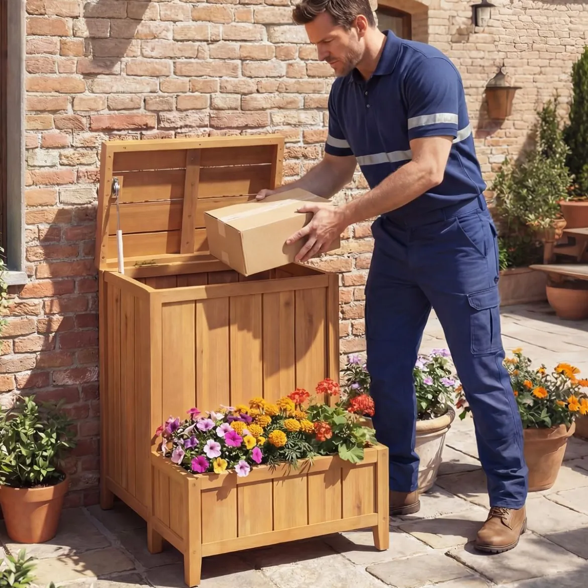 Blumenkasten mit Gartenbox & Deckel Auflagenbox mit Pflanzkübel aus Holz Paketbox Natur