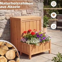 Blumenkasten mit Gartenbox & Deckel Auflagenbox mit Pflanzkübel aus Holz Paketbox Natur