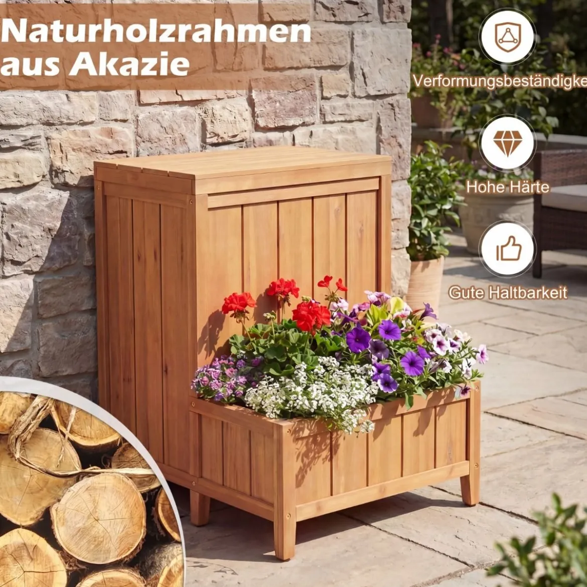 Blumenkasten mit Gartenbox & Deckel Auflagenbox mit Pflanzkübel aus Holz Paketbox Natur