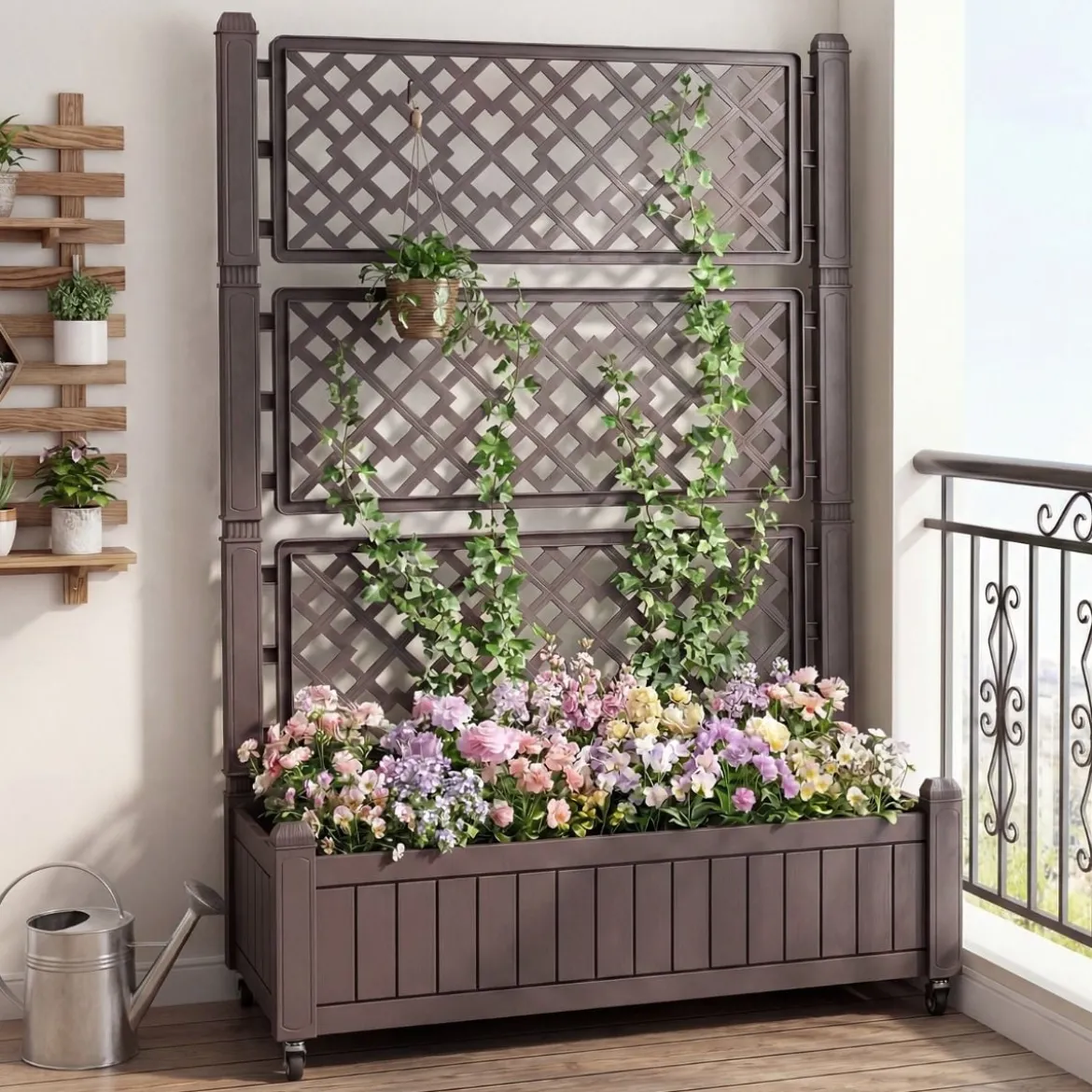 Blumenkasten mit Rankgitter & Rollen Hochbeet mit Spalier & Abflusslöchern Pflanzkasten Braun