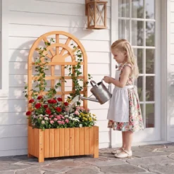 Blumenkasten mit Rankgitter & Spalier & Entwässerung Pflanzkasten für Kletterpflanzen Braun