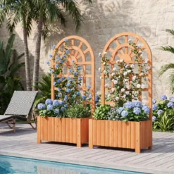 Blumenkasten mit Rankgitter & Spalier & Entwässerung Pflanzkasten für Kletterpflanzen Braun