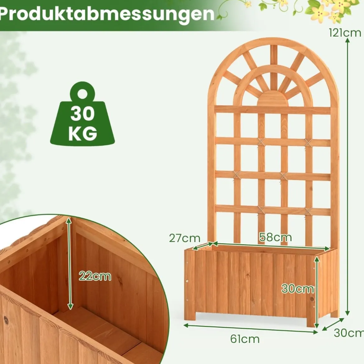 Blumenkasten mit Rankgitter & Spalier & Entwässerung Pflanzkasten für Kletterpflanzen Braun