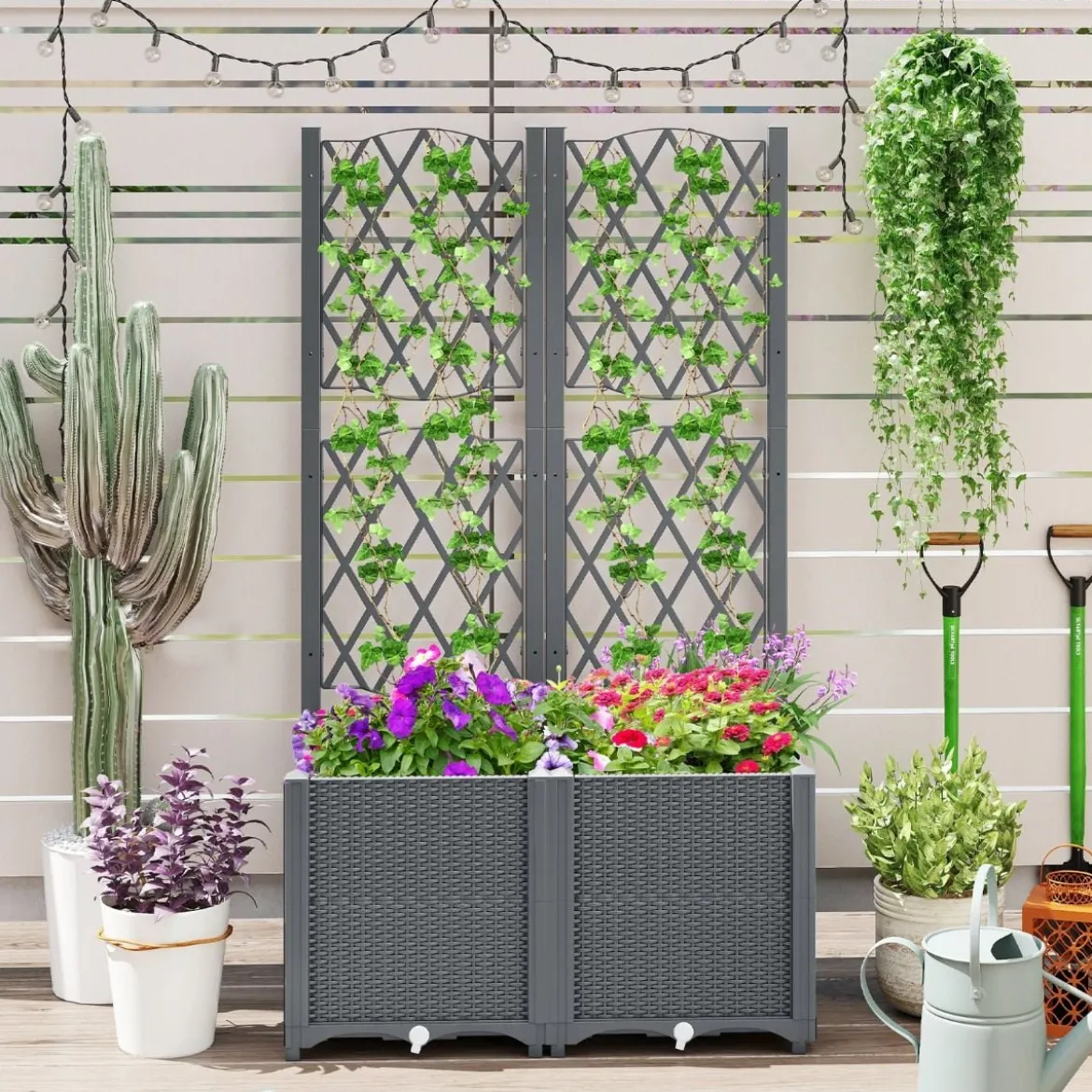 Blumenkasten mit Rankgitter Pflanzkasten für Kletterpflanzen 80 x 40 x 140 cm Kaffee/Grau