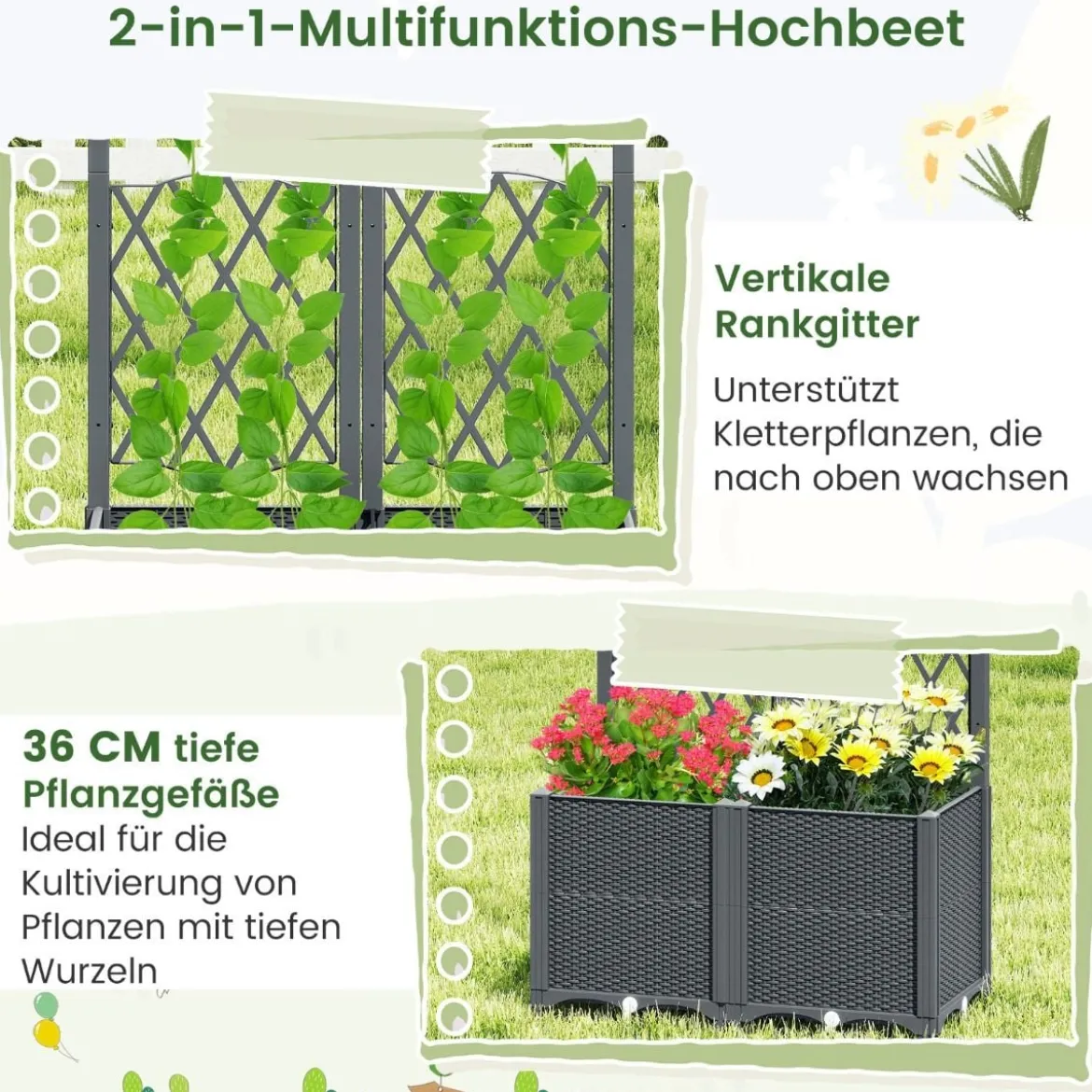 Blumenkasten mit Rankgitter Pflanzkasten für Kletterpflanzen 80 x 40 x 140 cm Kaffee/Grau