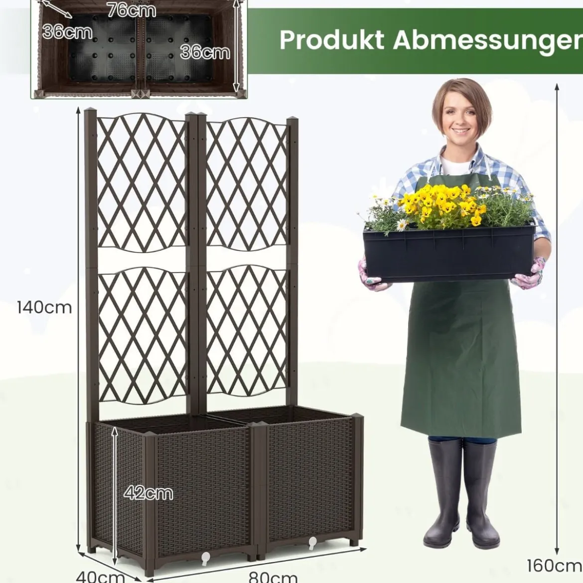 Blumenkasten mit Rankgitter Pflanzkasten für Kletterpflanzen 80 x 40 x 140 cm Kaffee/Grau