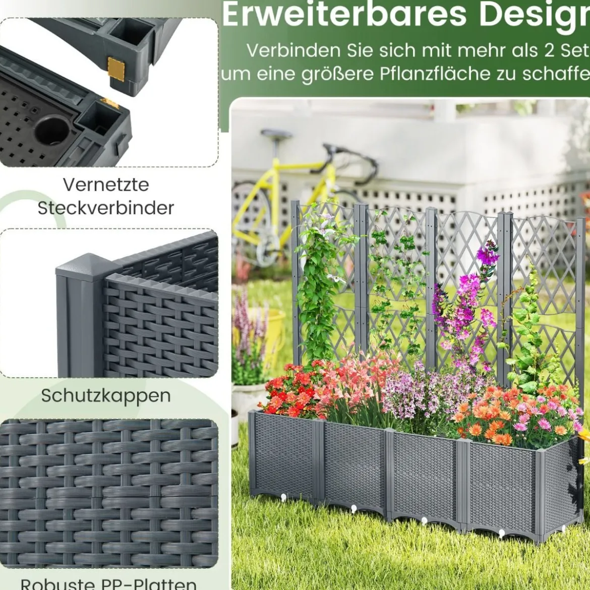 Blumenkasten mit Rankgitter Pflanzkasten für Kletterpflanzen 80 x 40 x 140 cm Kaffee/Grau