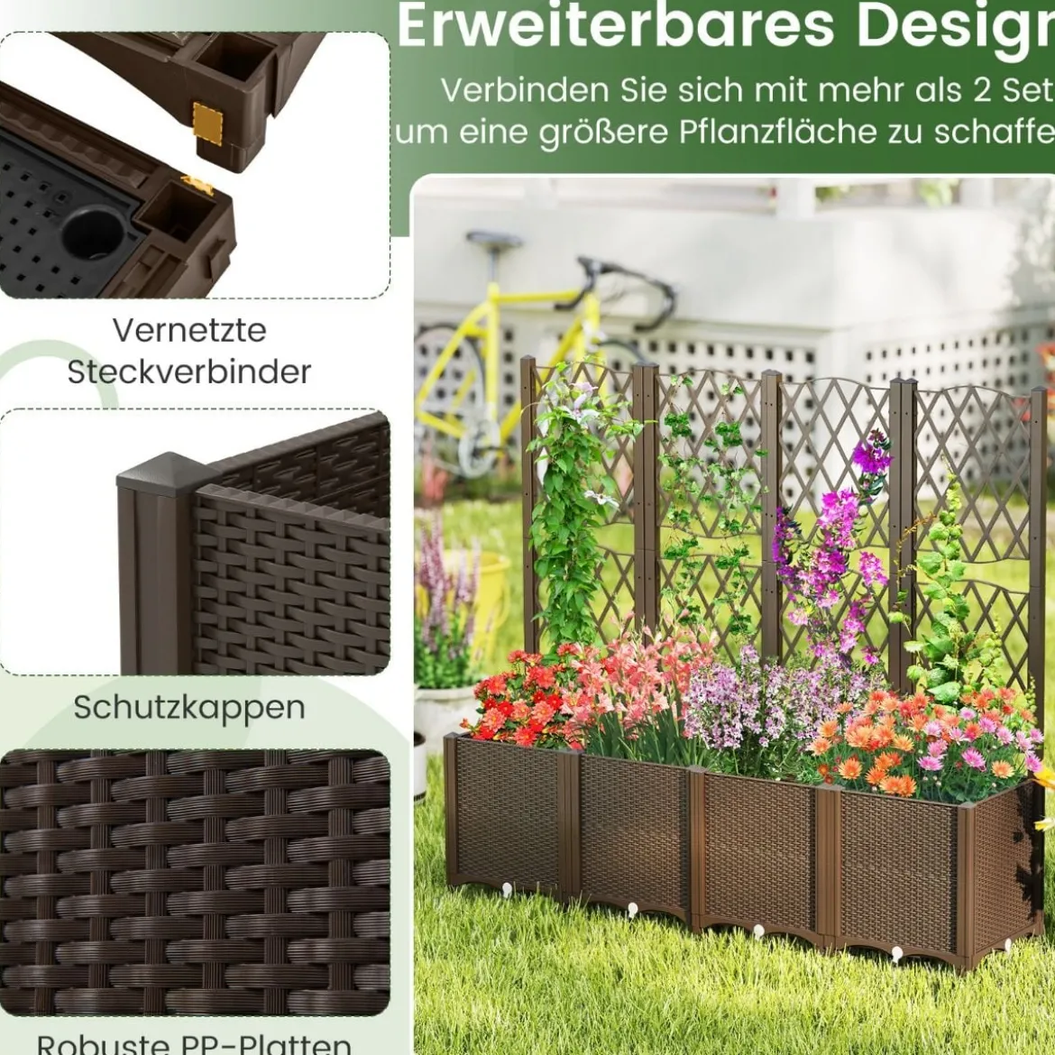 Blumenkasten mit Rankgitter Pflanzkasten für Kletterpflanzen 80 x 40 x 140 cm Kaffee/Grau