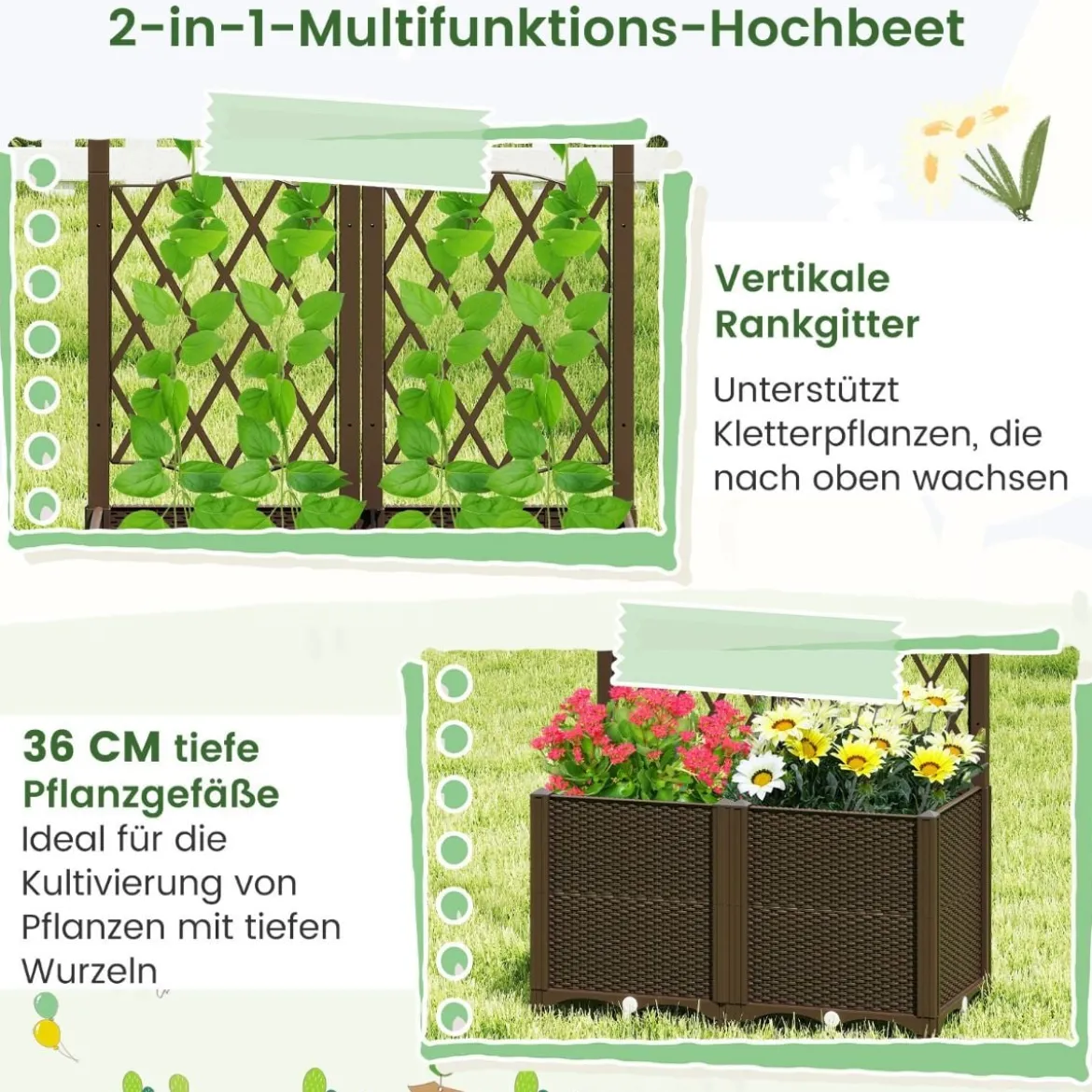 Blumenkasten mit Rankgitter Pflanzkasten für Kletterpflanzen 80 x 40 x 140 cm Kaffee/Grau