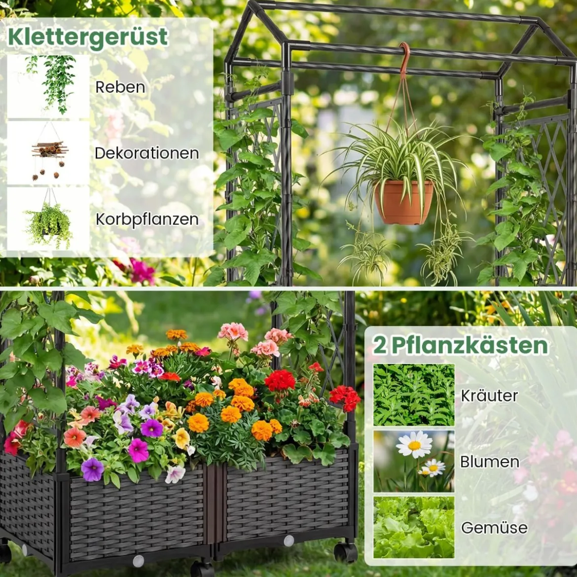 Blumenkasten mit Rankgitter & hängendem Dach Hochbeet auf abschließbaren Rollen Grau 154 x 40 x 162 cm