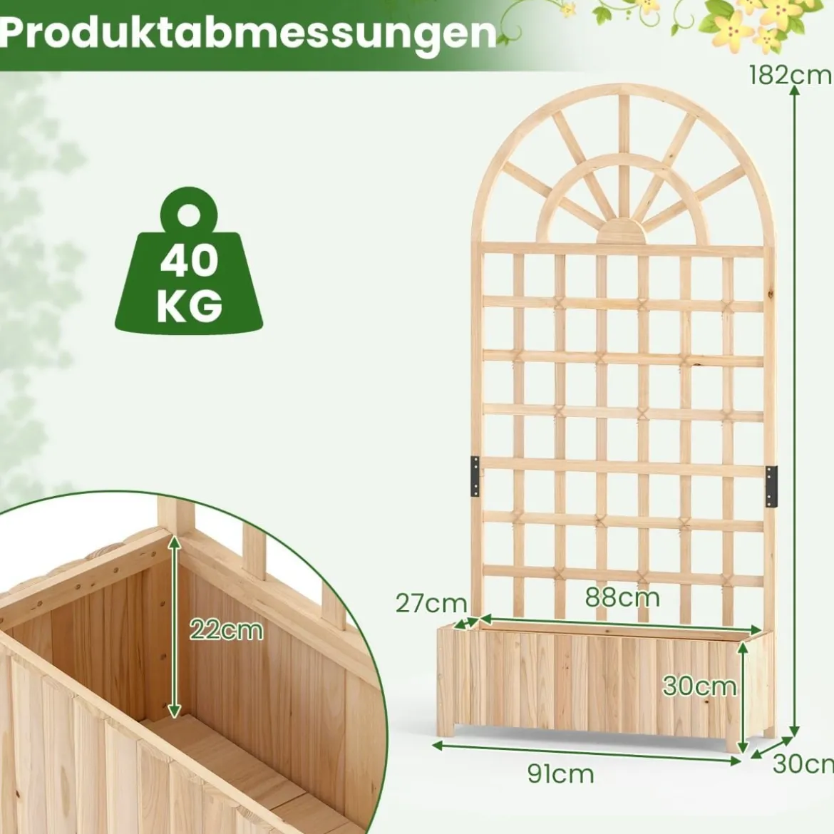 Blumenkasten mit Rankgitter & Spalier & Entwässerung Gartenspalier für Kletterpflanzen Natur