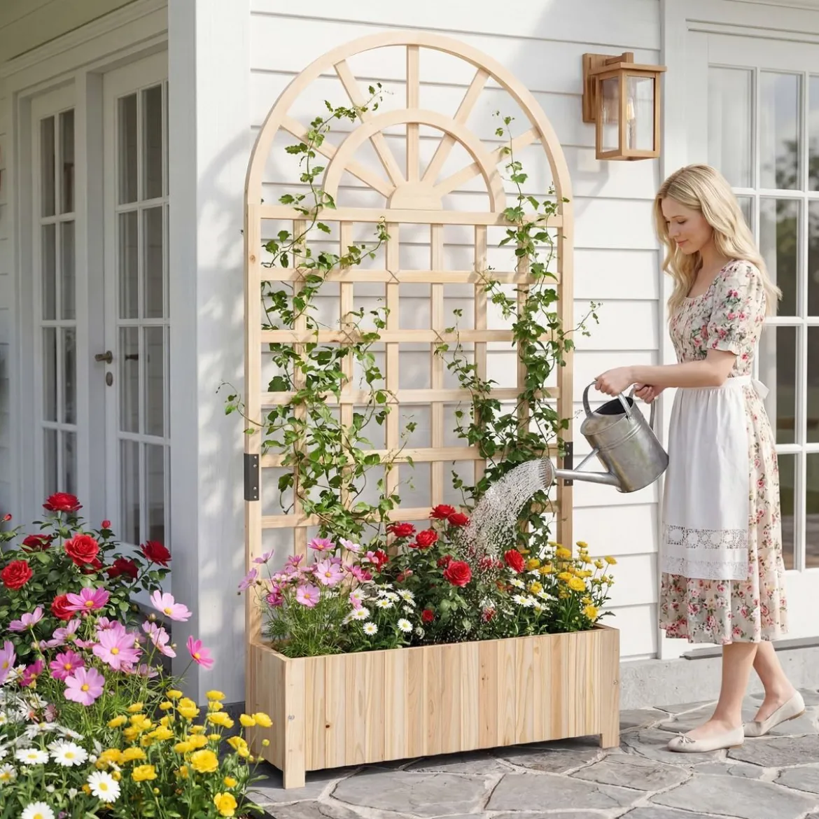 Blumenkasten mit Rankgitter & Spalier & Entwässerung Gartenspalier für Kletterpflanzen Natur