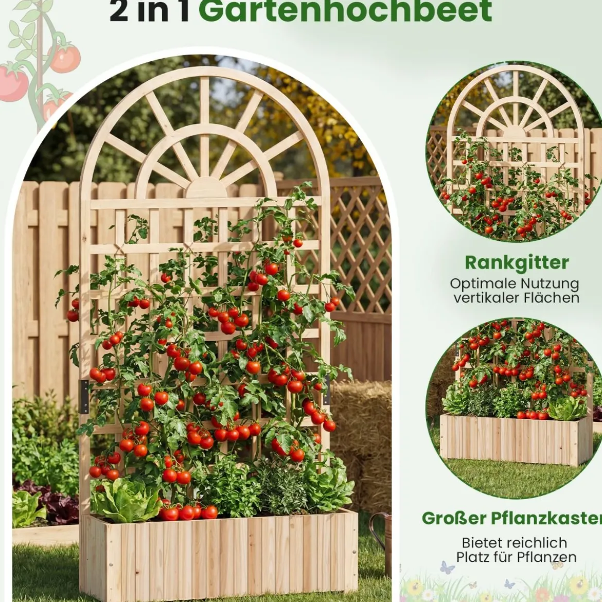 Blumenkasten mit Rankgitter & Spalier & Entwässerung Gartenspalier für Kletterpflanzen Natur