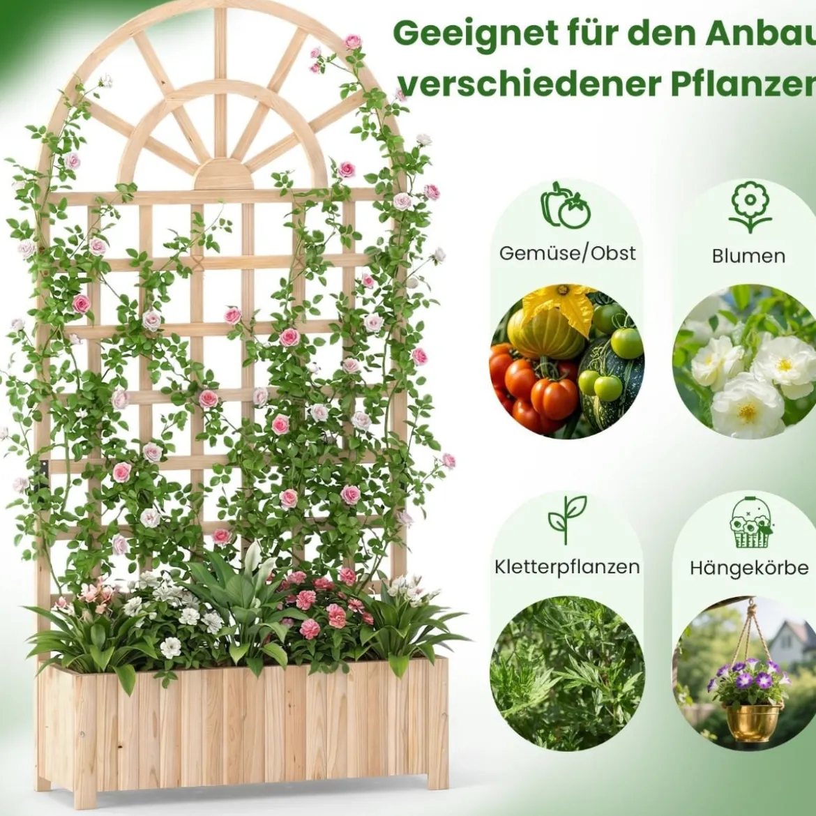 Blumenkasten mit Rankgitter & Spalier & Entwässerung Gartenspalier für Kletterpflanzen Natur