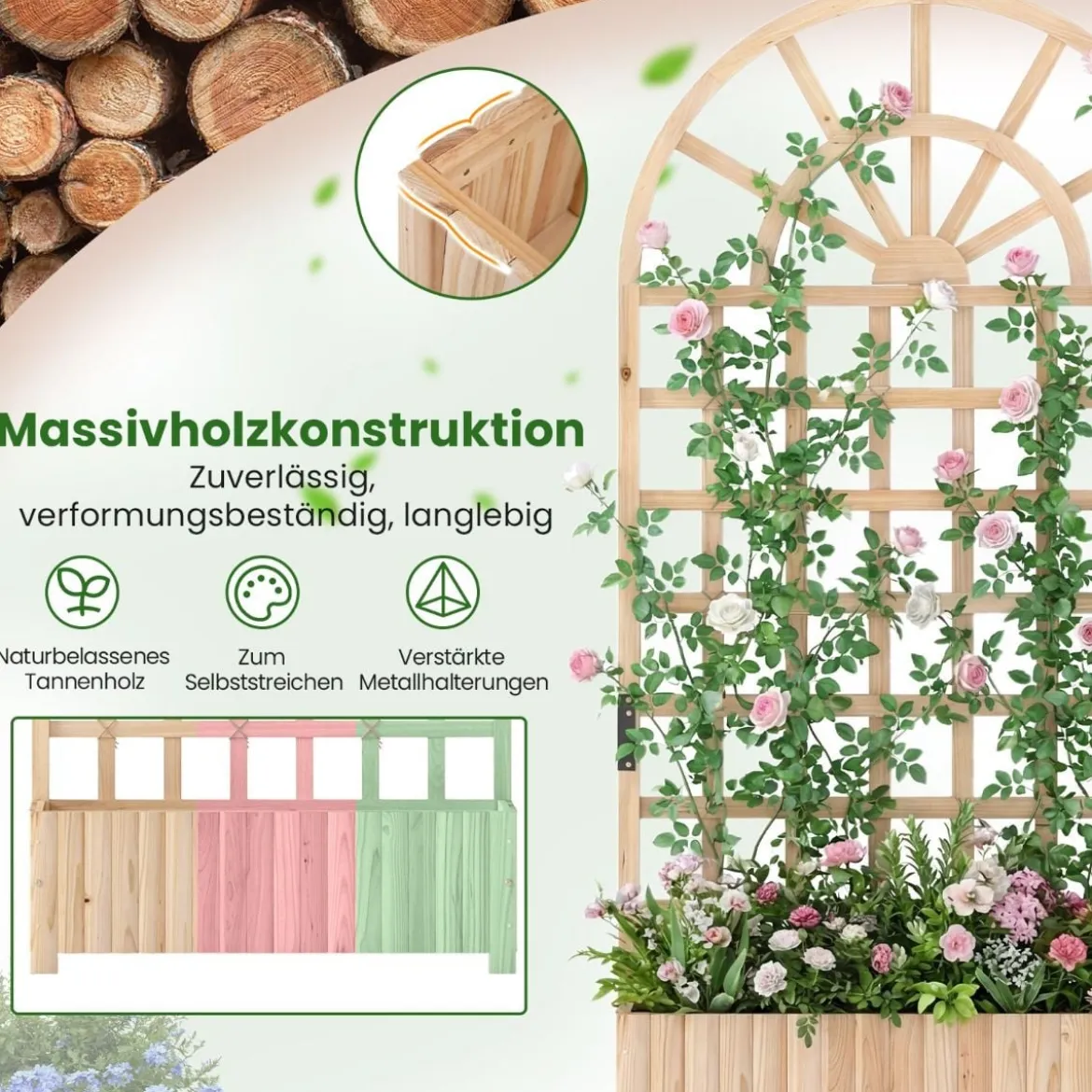 Blumenkasten mit Rankgitter & Spalier & Entwässerung Gartenspalier für Kletterpflanzen Natur