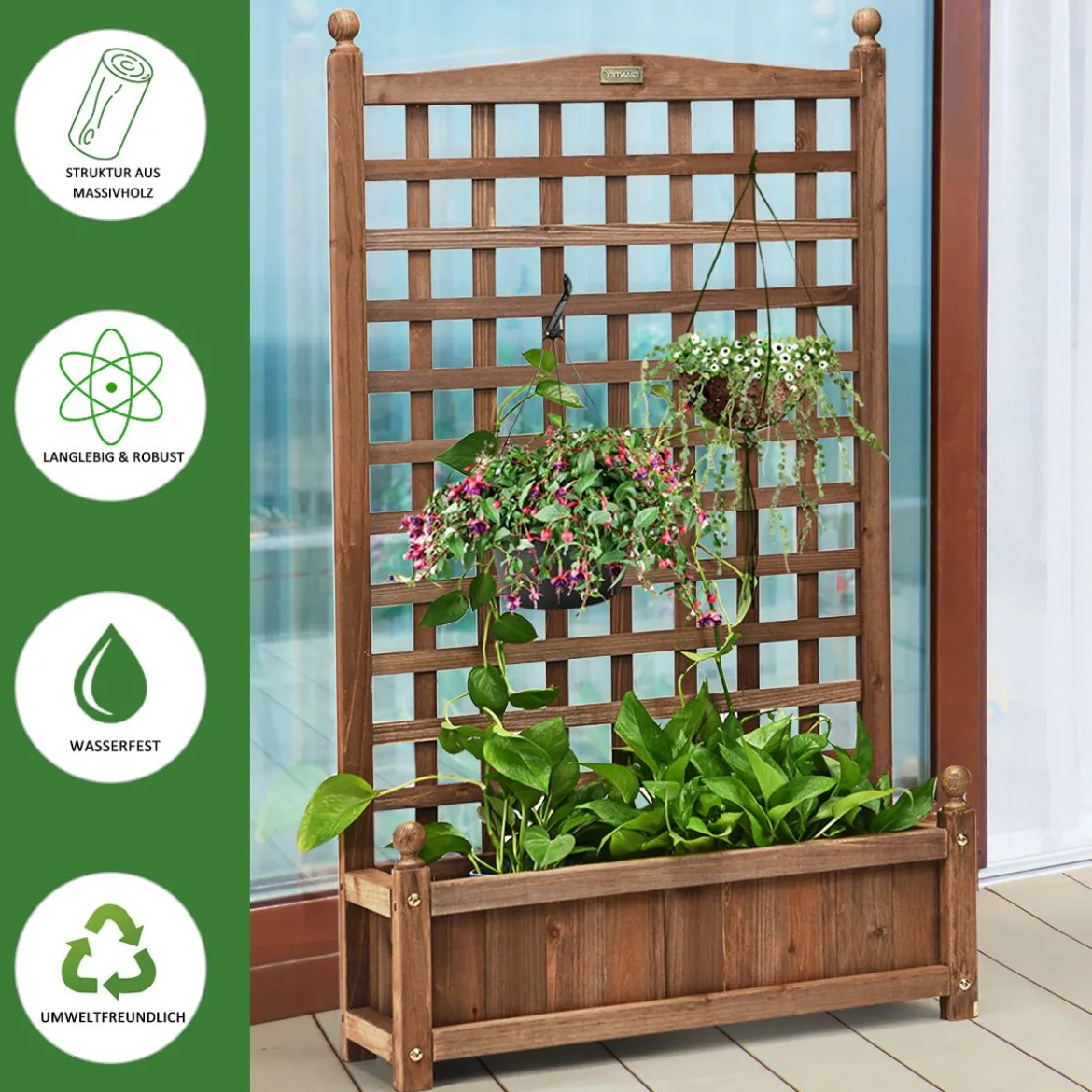 Blumenkasten mit Rankgitter Pflanzkasten Holz für Kletterpflanzen Hochbeet mit Spalier 64,5 x 28 x 120 cm Braun