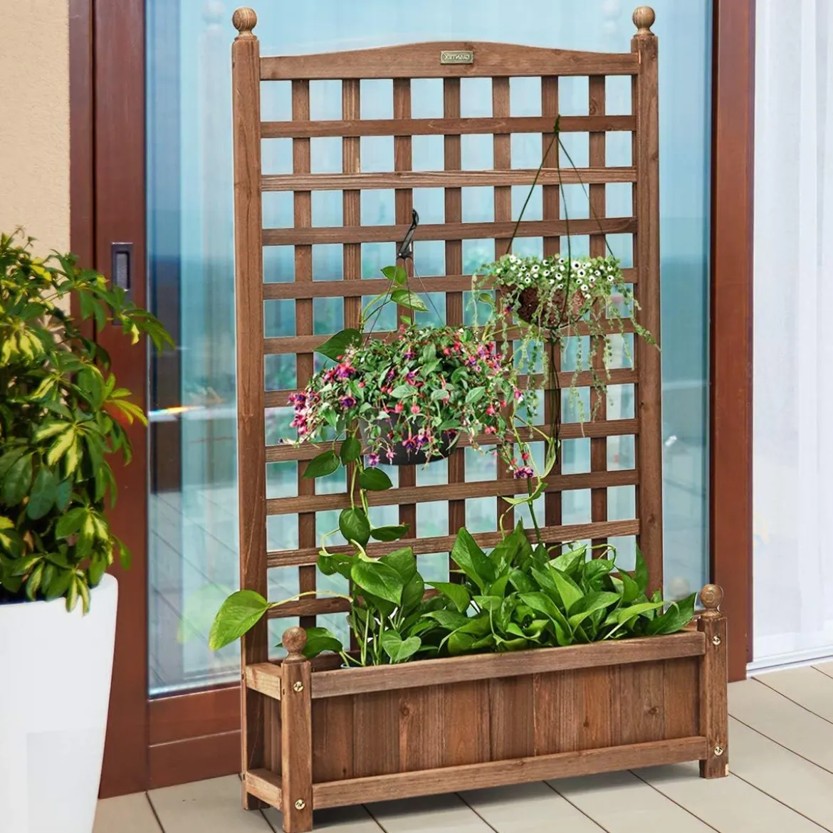 Blumenkasten mit Rankgitter Pflanzkasten Holz für Kletterpflanzen Hochbeet mit Spalier 64,5 x 28 x 120 cm Braun