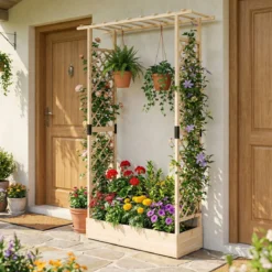 Blumenkasten mit Rankgitter Pflanzkasten mit Rankhilfe & Hängendem Dach Sichtschutz Natur