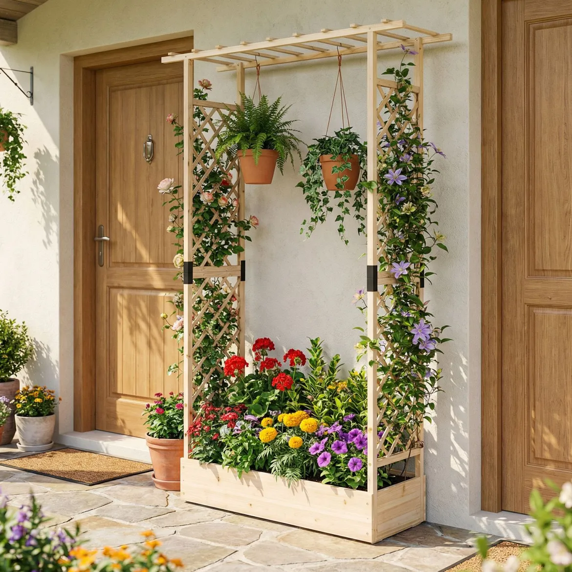 Blumenkasten mit Rankgitter Pflanzkasten mit Rankhilfe & Hängendem Dach Sichtschutz Natur