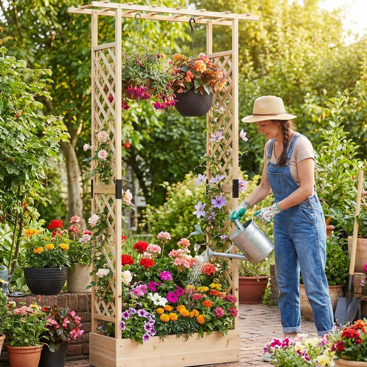 Blumenkasten mit Rankgitter Pflanzkasten mit Rankhilfe & Hängendem Dach Sichtschutz Natur