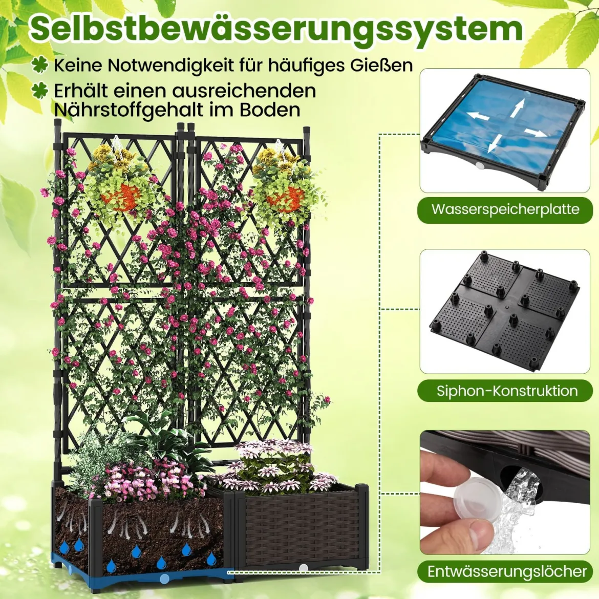 Blumenkasten mit Rankgitter Metall Pflanzkasten für Kletterpflanzen Hochbeet mit Spalier & Selbstbewässerung Schwarz 80 x 40 x 120 cm