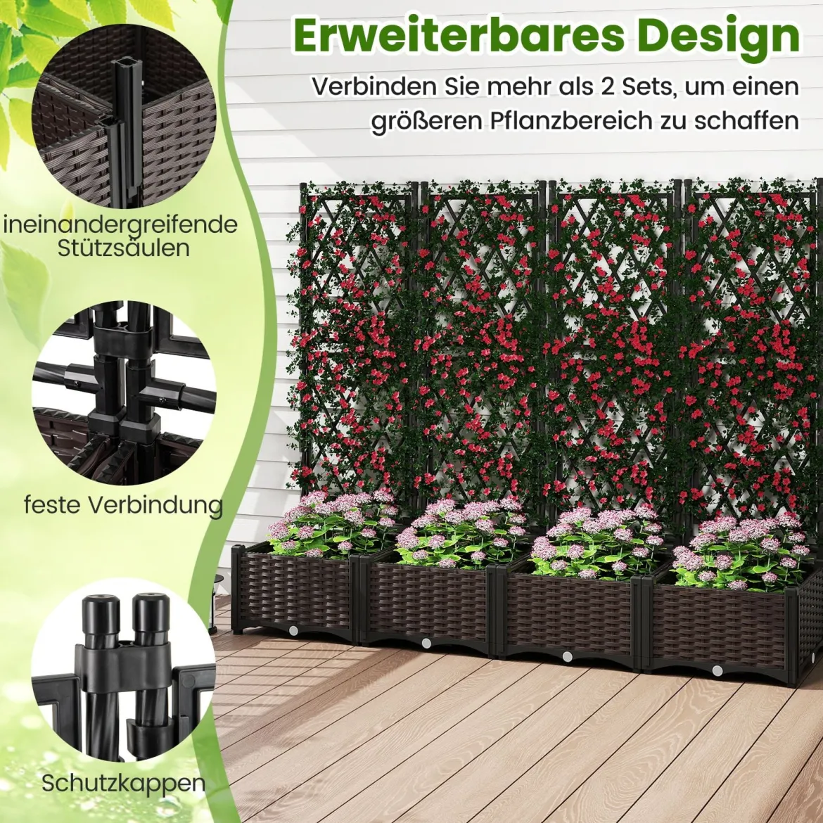 Blumenkasten mit Rankgitter Metall Pflanzkasten für Kletterpflanzen Hochbeet mit Spalier & Selbstbewässerung Schwarz 80 x 40 x 120 cm