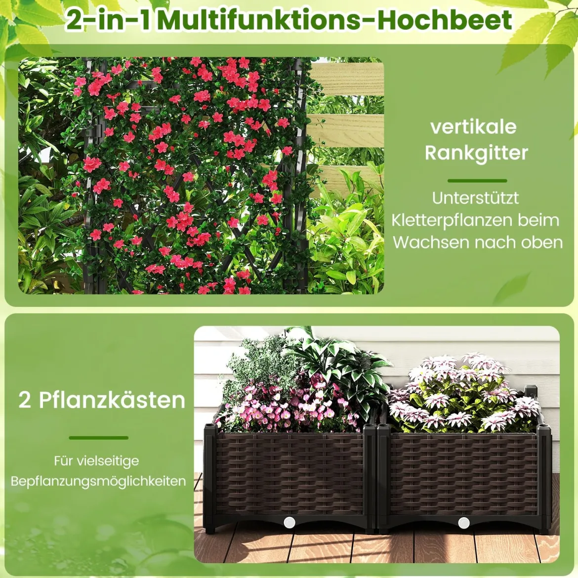 Blumenkasten mit Rankgitter Metall Pflanzkasten für Kletterpflanzen Hochbeet mit Spalier & Selbstbewässerung Schwarz 80 x 40 x 120 cm