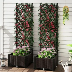 Blumenkasten mit Rankgitter Metall Pflanzkasten für Kletterpflanzen Hochbeet mit Spalier & Selbstbewässerung Schwarz 80 x 40 x 120 cm