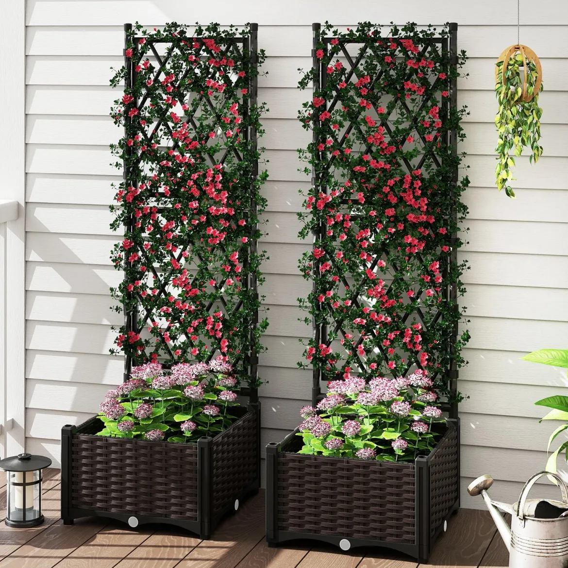 Blumenkasten mit Rankgitter Metall Pflanzkasten für Kletterpflanzen Hochbeet mit Spalier & Selbstbewässerung Schwarz 80 x 40 x 120 cm