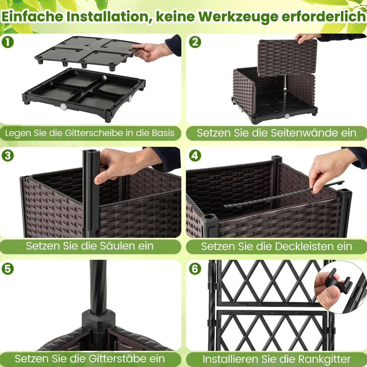 Blumenkasten mit Rankgitter Metall Pflanzkasten für Kletterpflanzen Hochbeet mit Spalier & Selbstbewässerung Schwarz 80 x 40 x 120 cm