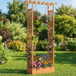 Blumenkasten mit Rankgitter Pflanzkasten mit Rankhilfe & Hängendem Dach Sichtschutz Orange
