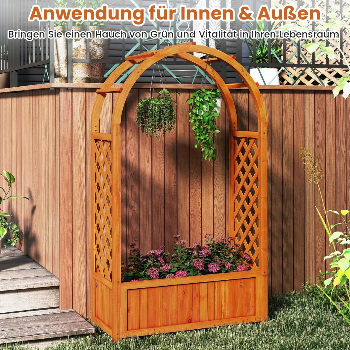 Blumenkasten mit Rankgitter Hochbeet mit Spalier & Gebogendach Rosenbogen mit Pflanzkasten Holz 83 x 36 x 146 cm Braun
