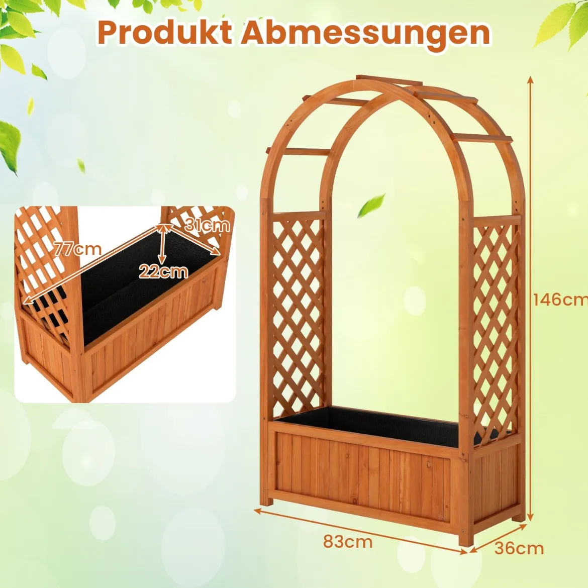 Blumenkasten mit Rankgitter Hochbeet mit Spalier & Gebogendach Rosenbogen mit Pflanzkasten Holz 83 x 36 x 146 cm Braun