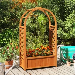 Blumenkasten mit Rankgitter Hochbeet mit Spalier & Gebogendach Rosenbogen mit Pflanzkasten Holz 83 x 36 x 146 cm Braun