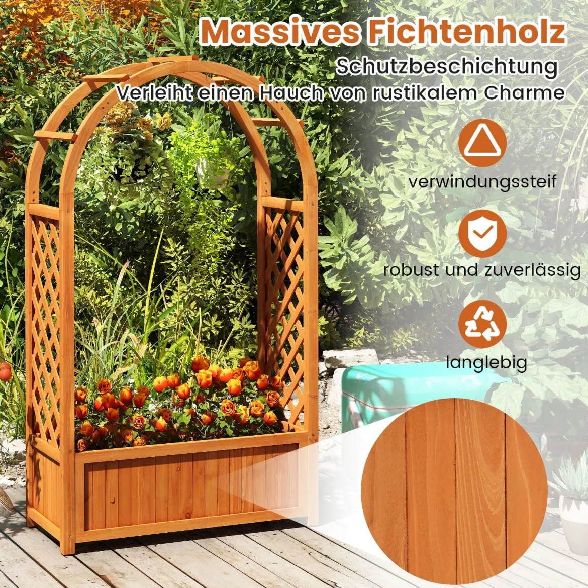 Blumenkasten mit Rankgitter Hochbeet mit Spalier & Gebogendach Rosenbogen mit Pflanzkasten Holz 83 x 36 x 146 cm Braun
