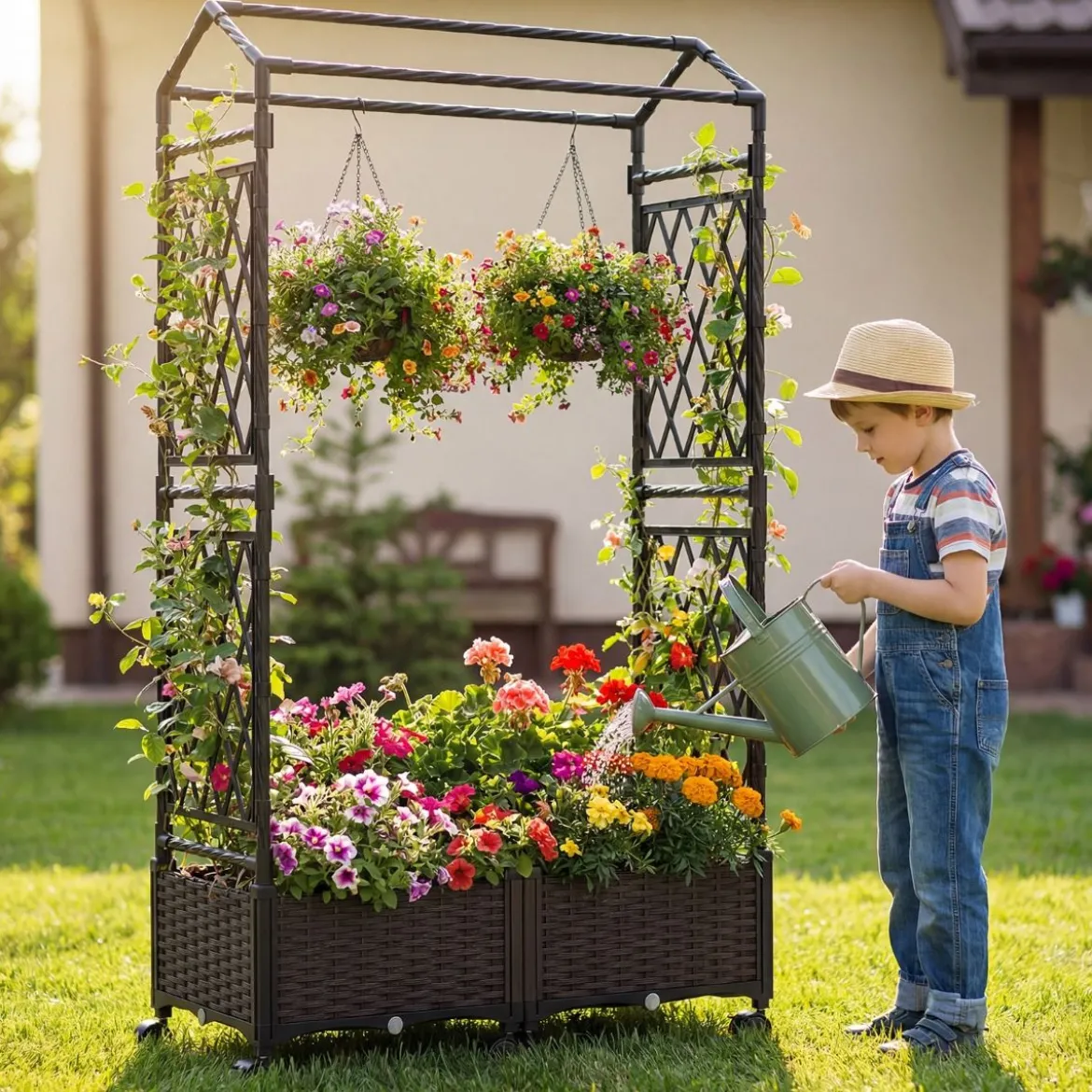 Blumenkasten mit Rankgitter & hängendem Dach Hochbeet auf abschließbaren Rollen Braun 154 x 40 x 162 cm