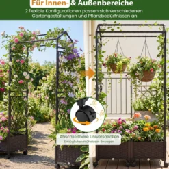 Blumenkasten mit Rankgitter & hängendem Dach Hochbeet auf abschließbaren Rollen Braun 154 x 40 x 162 cm