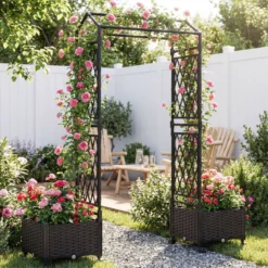 Blumenkasten mit Rankgitter & hängendem Dach Hochbeet auf abschließbaren Rollen Braun 154 x 40 x 162 cm