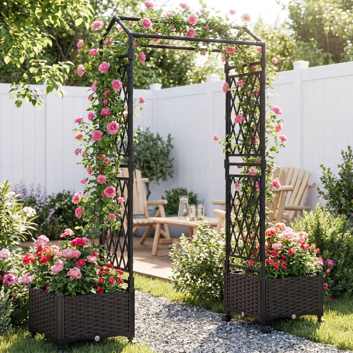 Blumenkasten mit Rankgitter & hängendem Dach Hochbeet auf abschließbaren Rollen Braun 154 x 40 x 162 cm