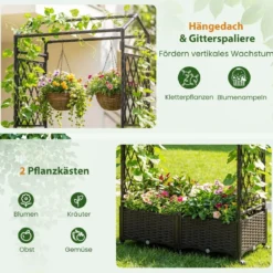 Blumenkasten mit Rankgitter & hängendem Dach Hochbeet auf abschließbaren Rollen Braun 154 x 40 x 162 cm