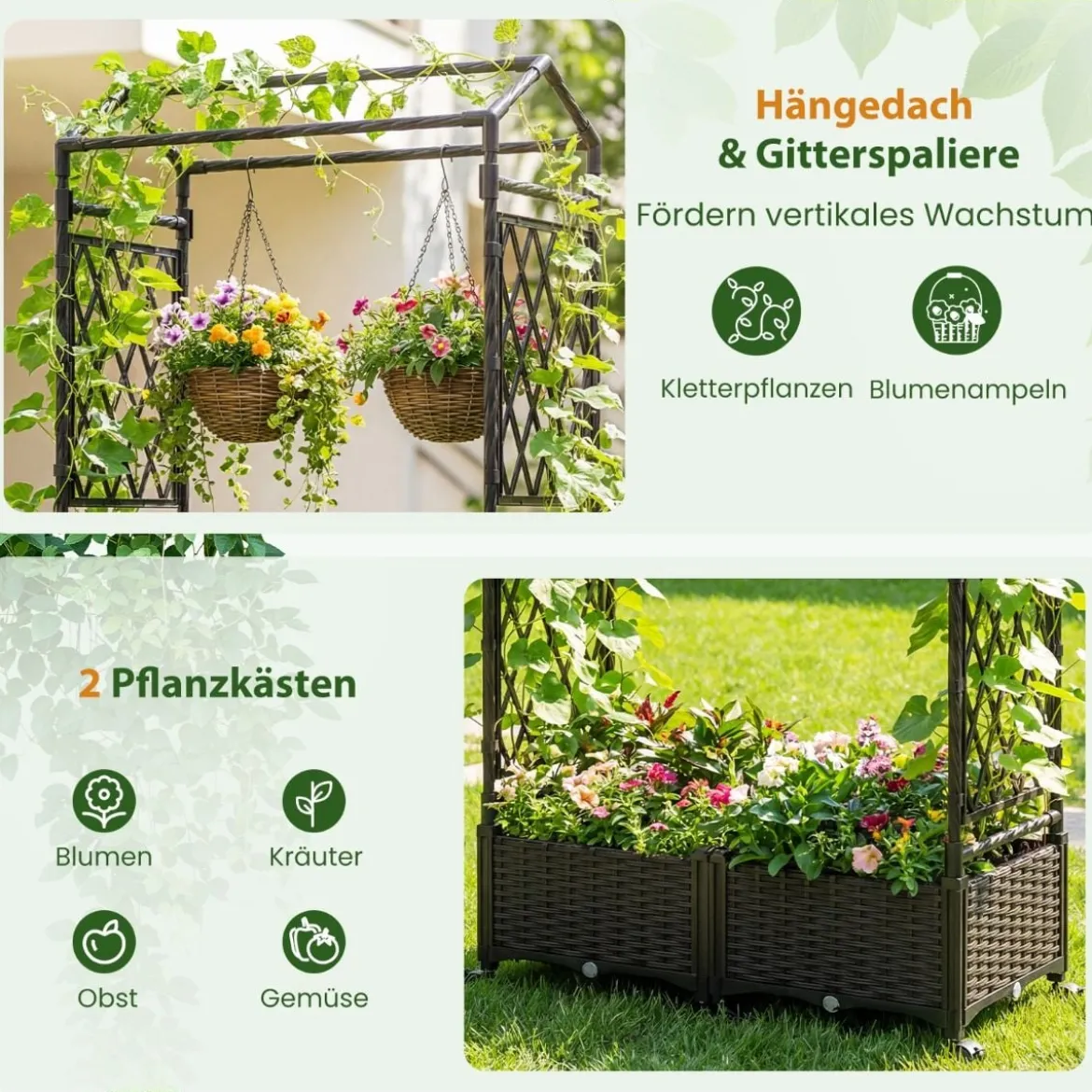 Blumenkasten mit Rankgitter & hängendem Dach Hochbeet auf abschließbaren Rollen Braun 154 x 40 x 162 cm