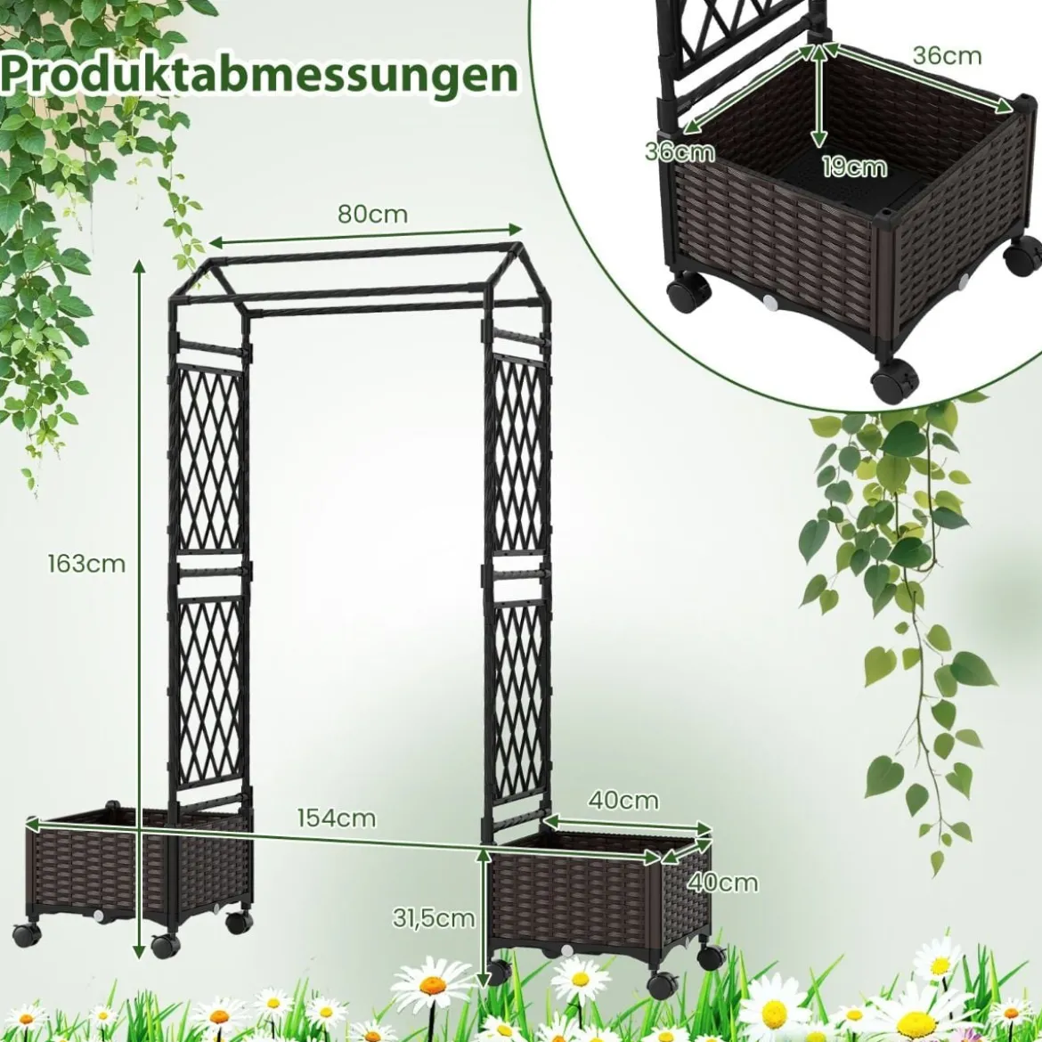 Blumenkasten mit Rankgitter & hängendem Dach Hochbeet auf abschließbaren Rollen Braun 154 x 40 x 162 cm