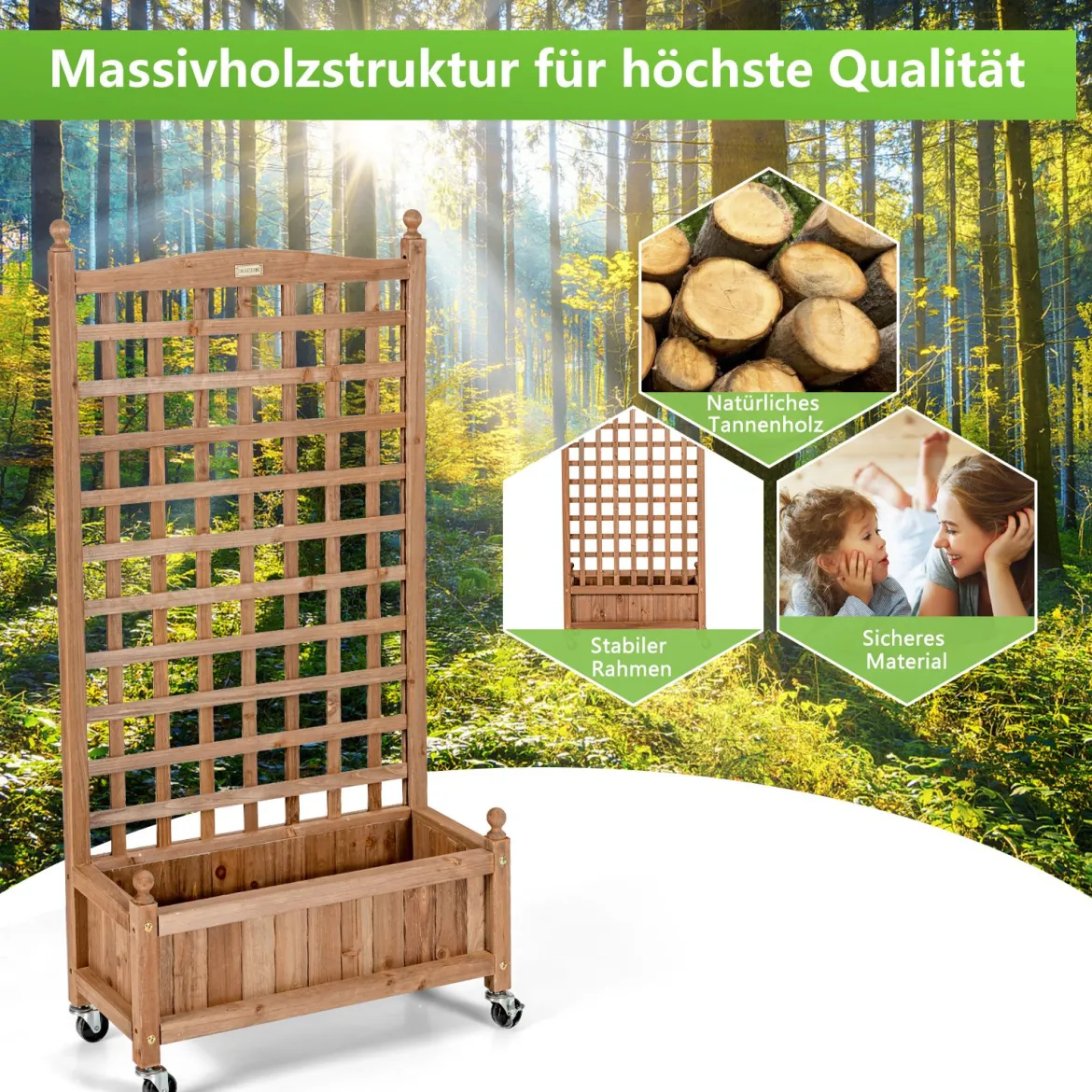 Blumenkasten mit Rankgitter Pflanzkasten Holz auf Rollen für Kletterpflanzen 64 x 28x 127 cm Braun